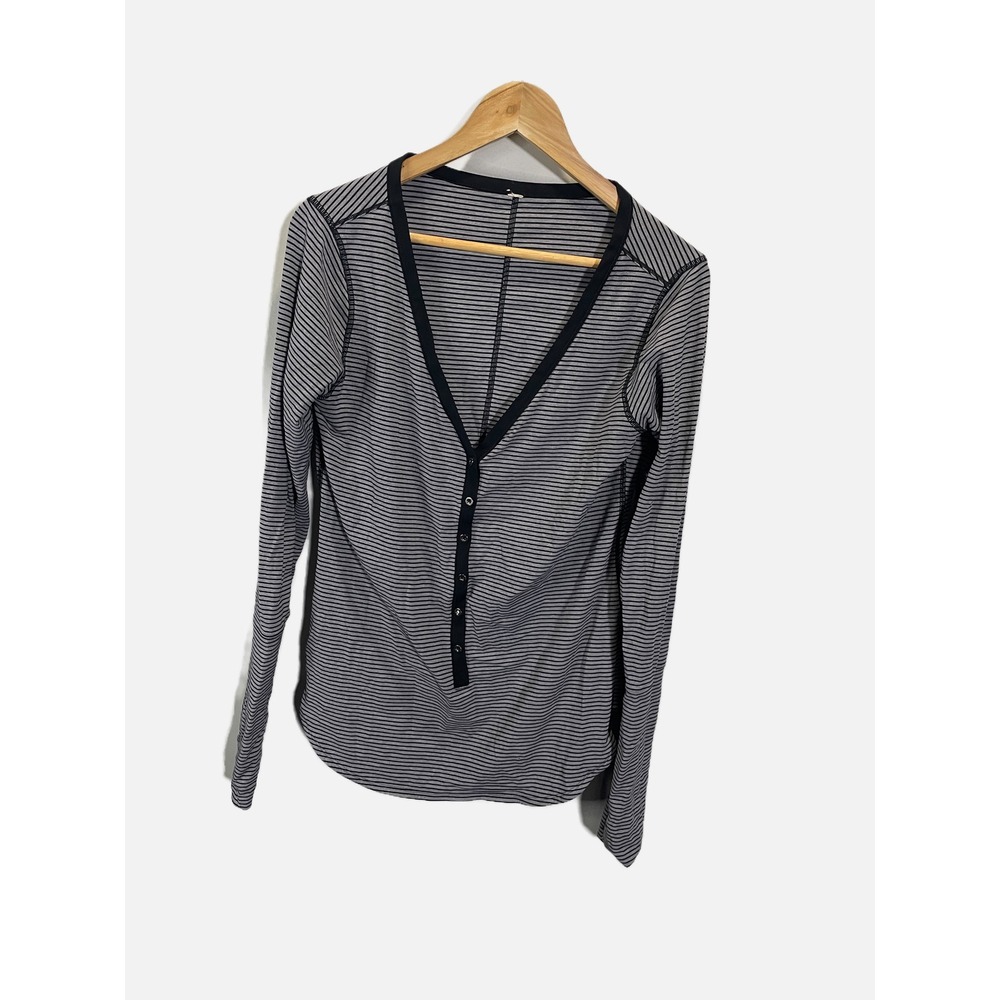 Lululemon Henley Top Women 12 Grey Striped Long Sleeve V-Neck Yoga Athleisure - Picture 3 of 6